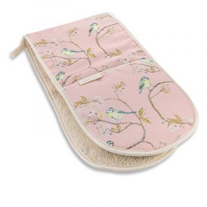 Blue Tit on Blossom Pink Double Oven Glove by Mosney Mill