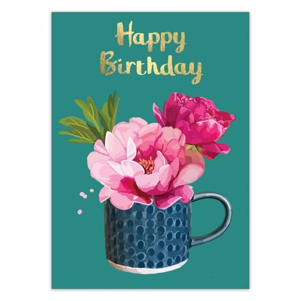 Happy Birthday Peony Mug Foil Greetings Card by Sarah Kelleher