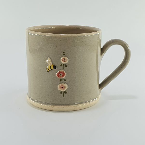 Hollyhock & Bee Mug - Grey - by Jane Hogben
